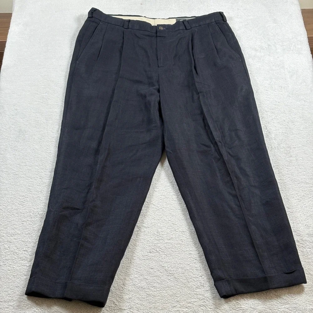 Eddie Bauer Mens Belgian Linen Pleated Cuffed Trousers Navy Blue Relaxed Fit 38
